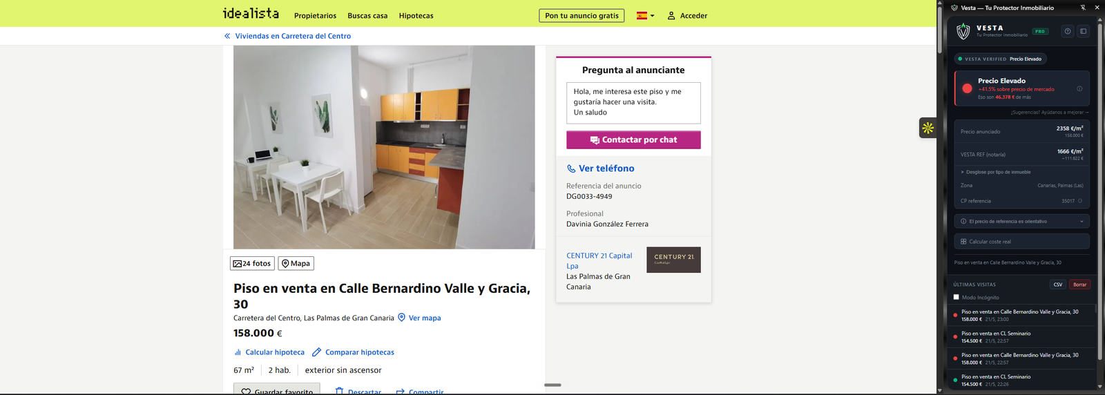 Captura de pantalla de Vesta funcionando sobre Idealista: panel lateral con semáforo en rojo indicando precio elevado respecto a las escrituras notariales del mismo código postal